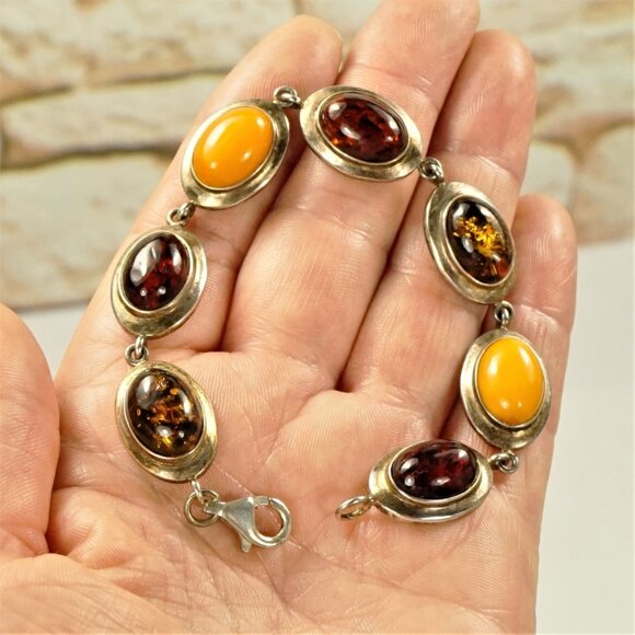 Multi Amber And 925 Silver Link Bracelet 7" - Unisex Amber Jewelry Gift - Picture 5 of 13